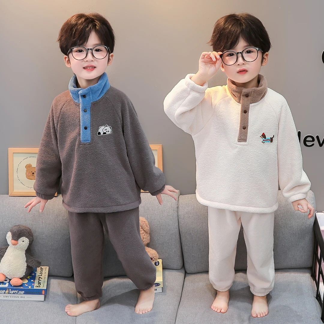 男童睡衣秋冬款珊瑚绒男孩高领保暖套装法兰绒秋季薄绒儿童家居服