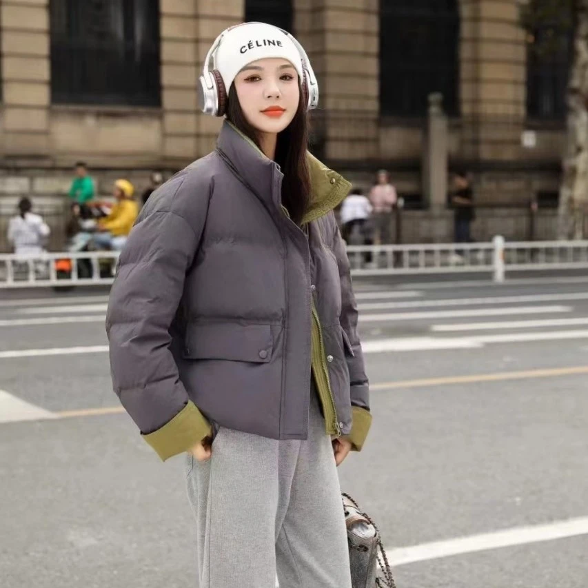 2025冬季新款韩版立领加厚羽绒服女短款撞色拼接洋气白鸭绒外套潮