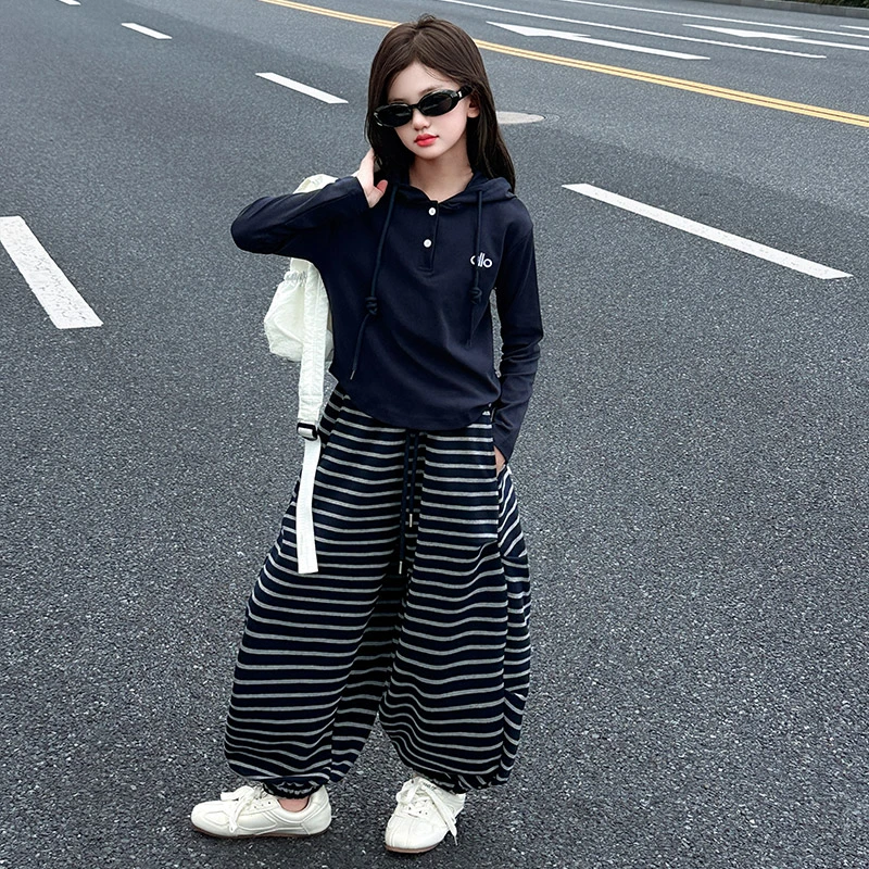 女童爵士舞套装春秋新款儿童韩版休闲连帽卫衣条纹裤运动两件套