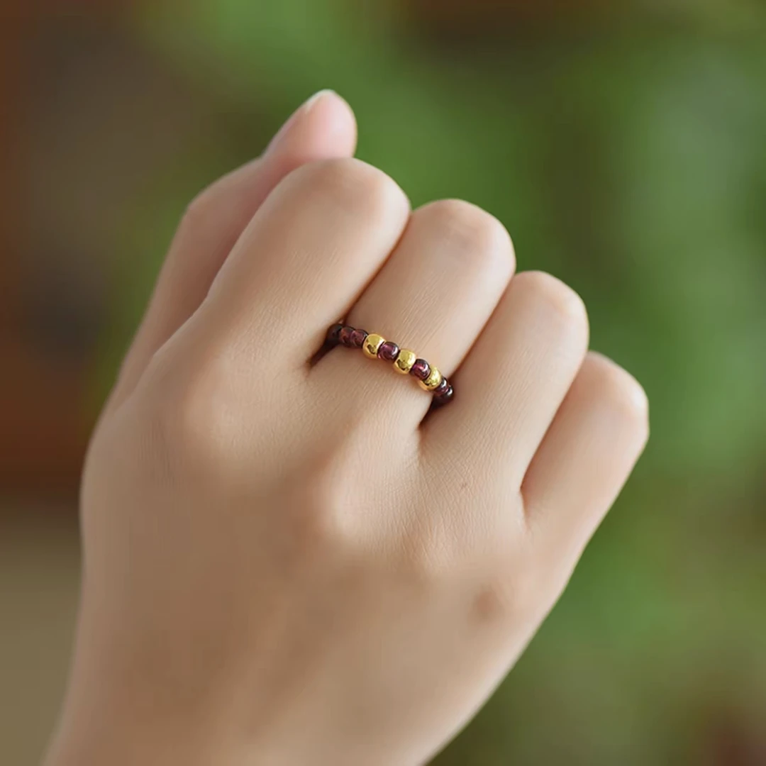 【新人补贴】天然石榴石搭配足金999金珠时尚女士戒指（带证书礼盒）