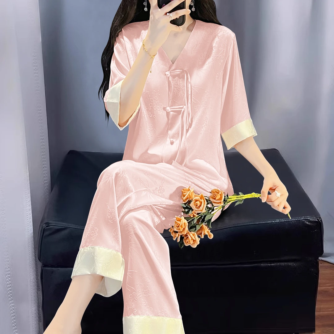 国风睡衣女款冰丝夏季薄款高级感提花凉感七分袖春秋款家居服套装