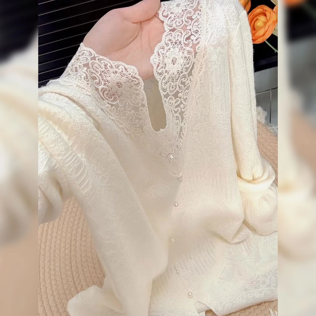 杏色显瘦针织衫高级感钉珠设计百搭气质温柔薄款长袖上衣秋冬2025