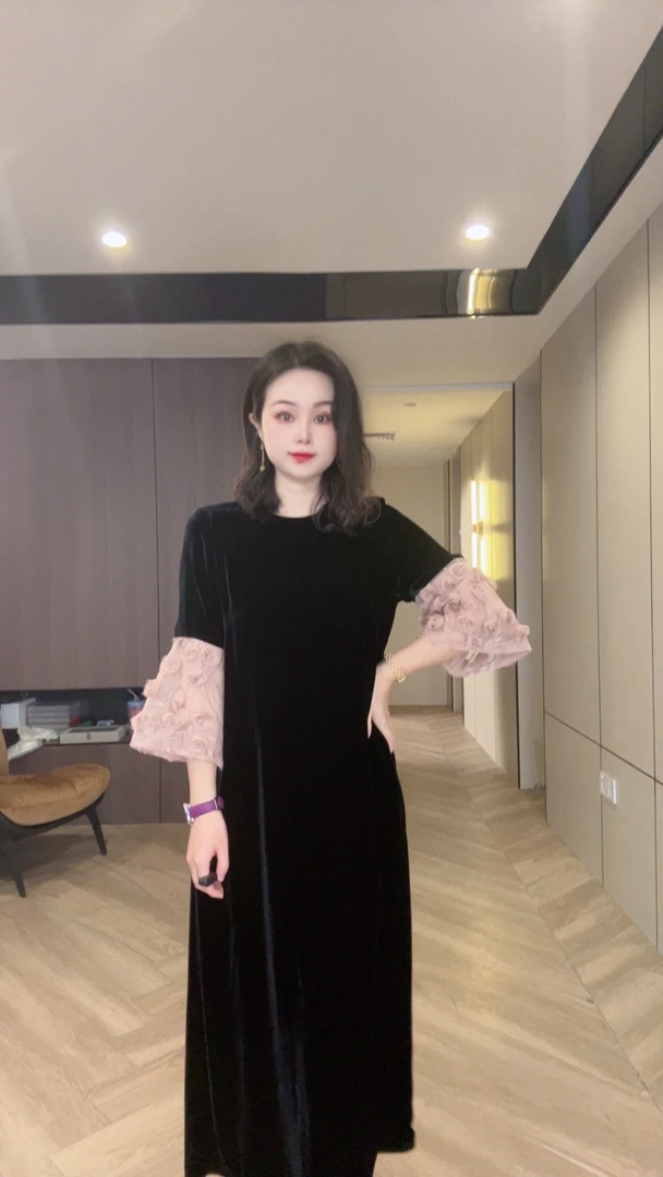 25103Q粉红袖口网纱拼接真丝丝绒女士桑蚕丝连衣裙m118