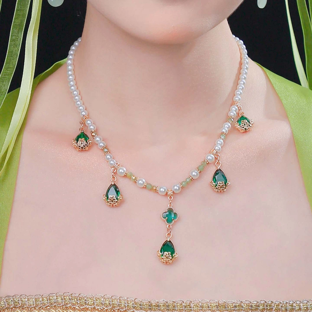 锌合金玻璃项链 软璎珞唐风明制古风仿珍珠项链绿色水滴仙气项链