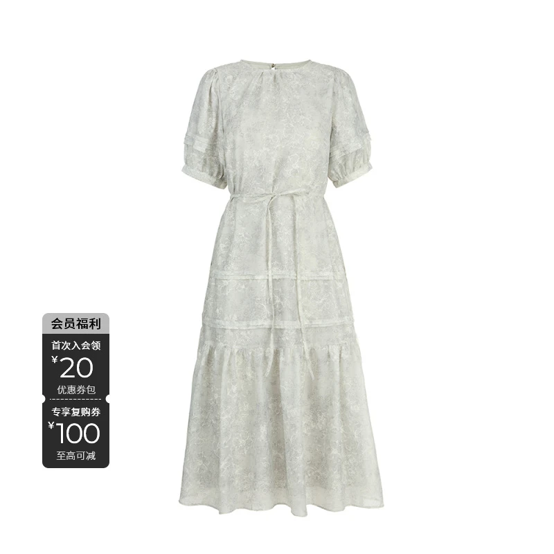 S·DEER圣迪奥女装夏季短袖法式连衣裙度假圆领收腰盛夏减龄显瘦