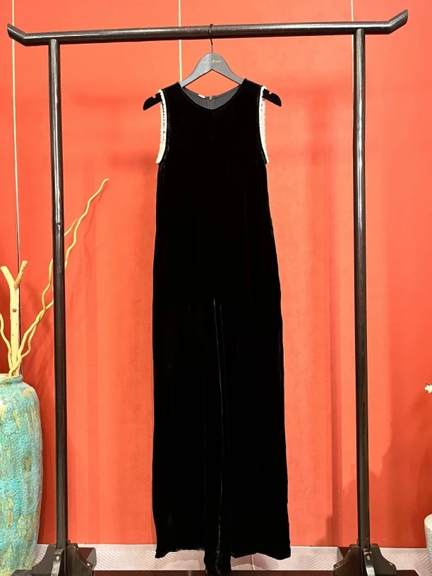 珍珠击边丝绒连体裤（57368）九悦