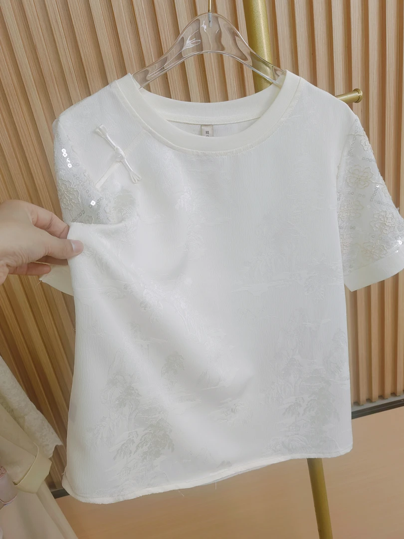 新中式短袖亮片刺绣提花圆领T恤半袖重工气质显瘦夏季薄款
