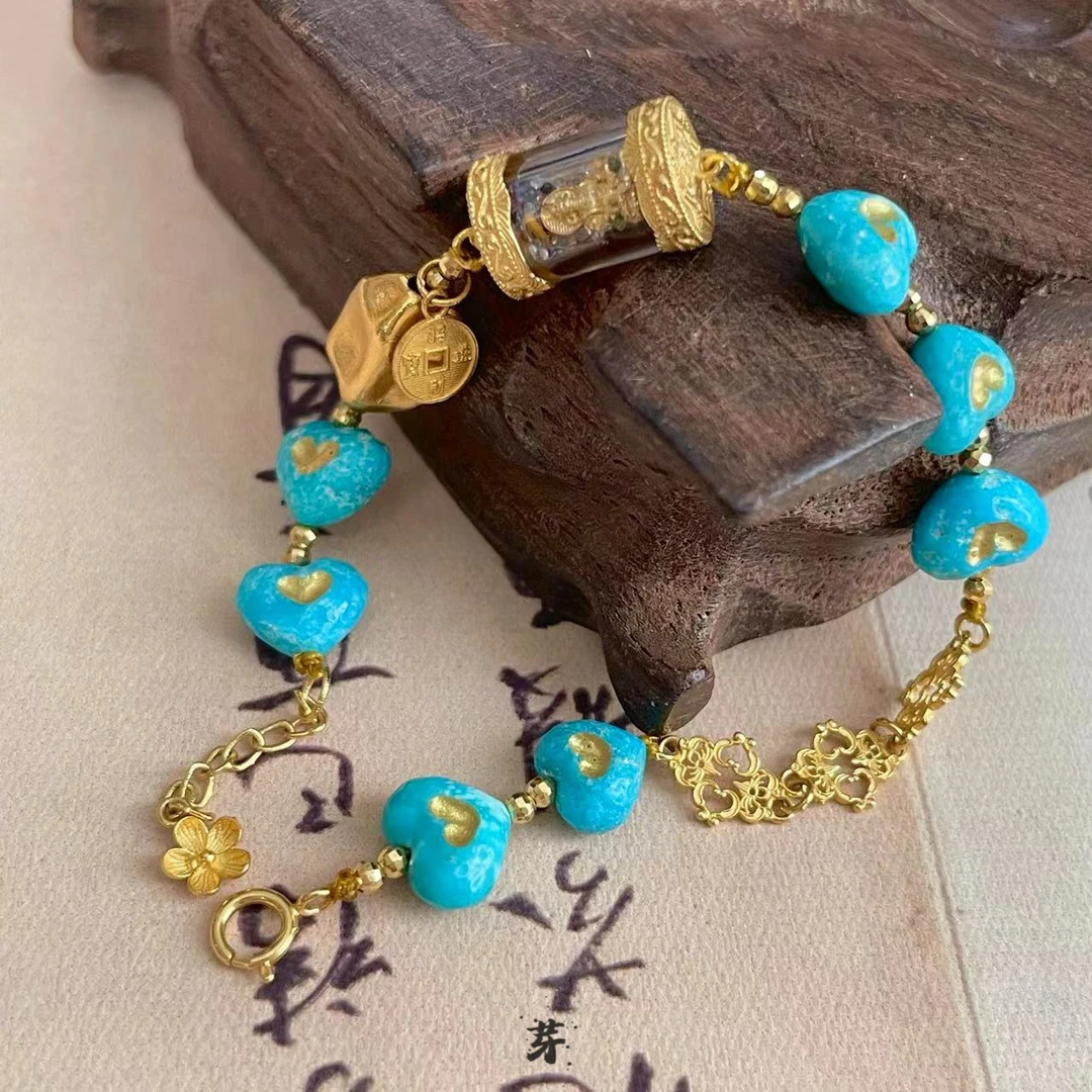 【鲸囍】绿松石●黄财财●18K金镶嵌绿松石手链多样性发一#8893