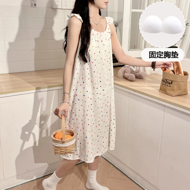 新款夏季吊带裙睡裙女带胸垫云朵棉薄款性感甜美睡衣加大码家居服