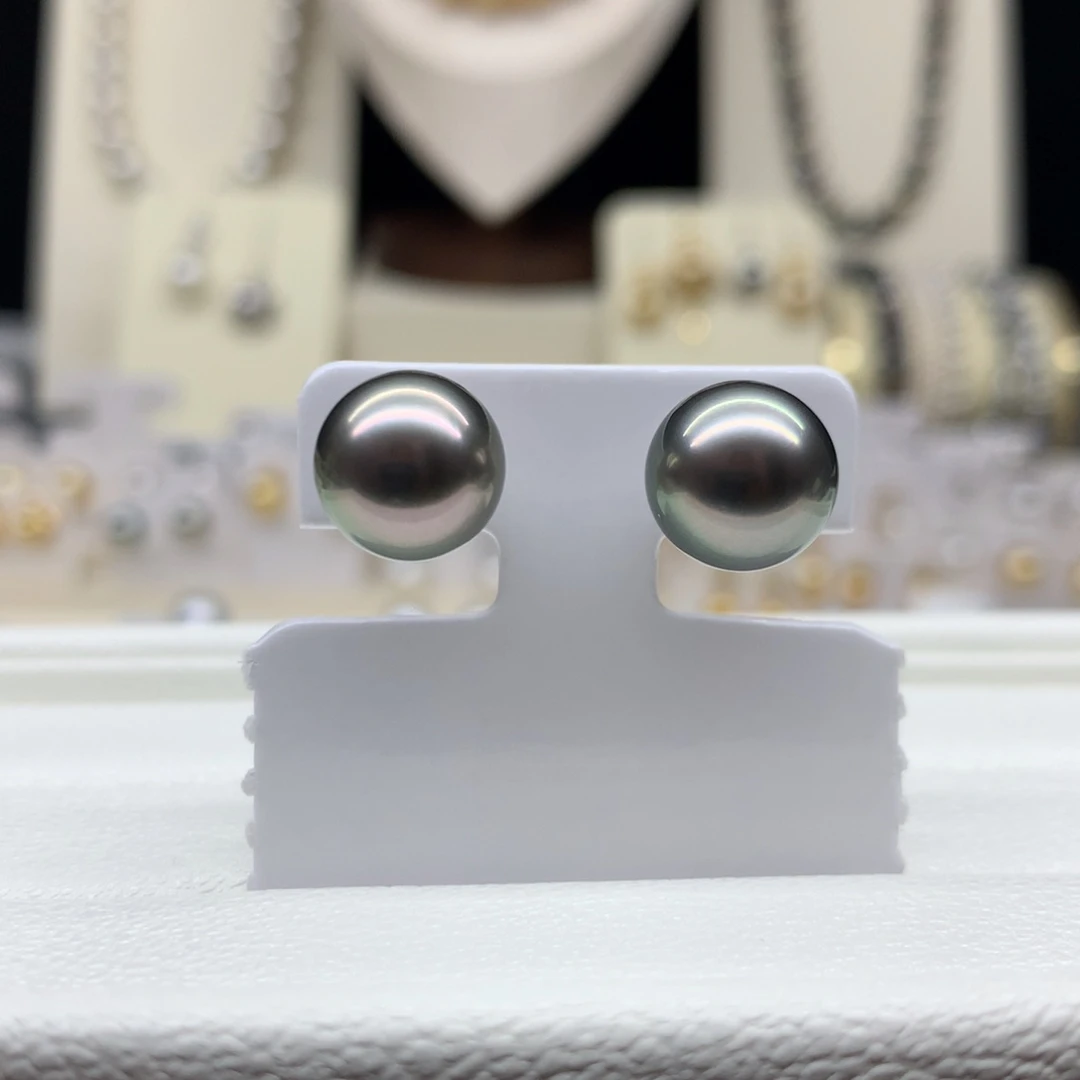 海水珍珠18K金镶嵌耳饰 10.7mm黑珍珠耳钉