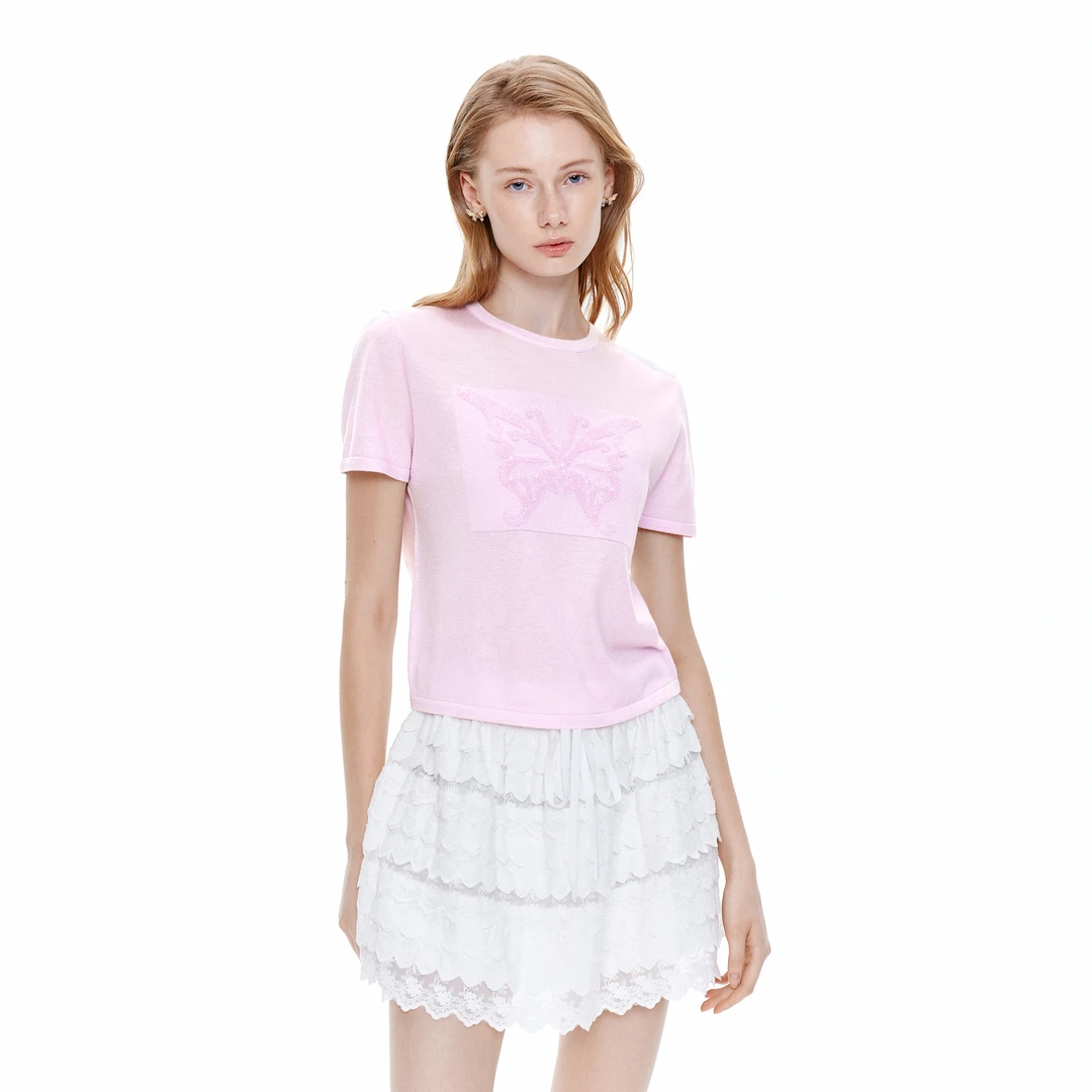 MISSCOCOON可可尼短袖针织T恤2025夏季新款时尚蝴蝶结女士上衣