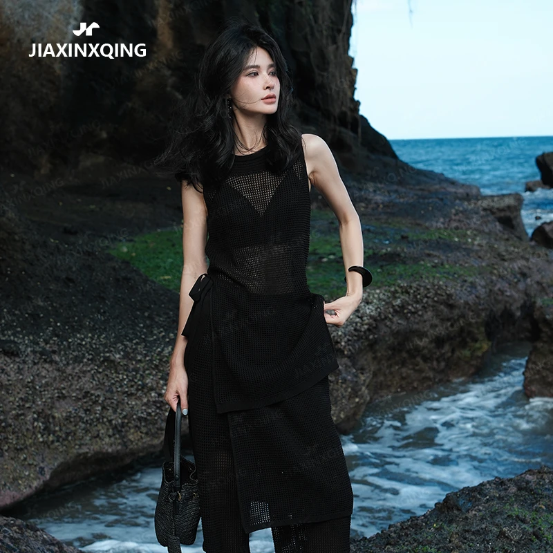 JIAXINXQING多色可选针织透气舒适时尚背心半身裙裤子三件套装女