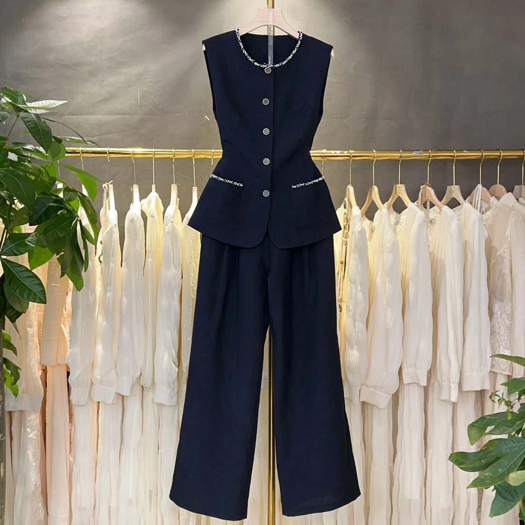 现货【两件套】A558 时尚休闲气质套装无袖修身马甲夏季通勤两件