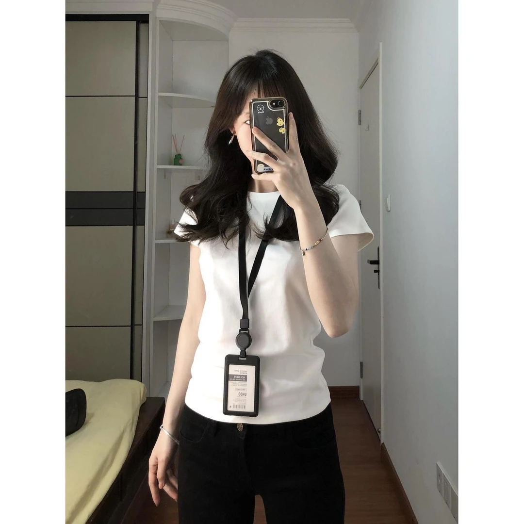 基础款圆领正肩打底衫纯色短袖t恤女小众修身显瘦个性简约上衣夏