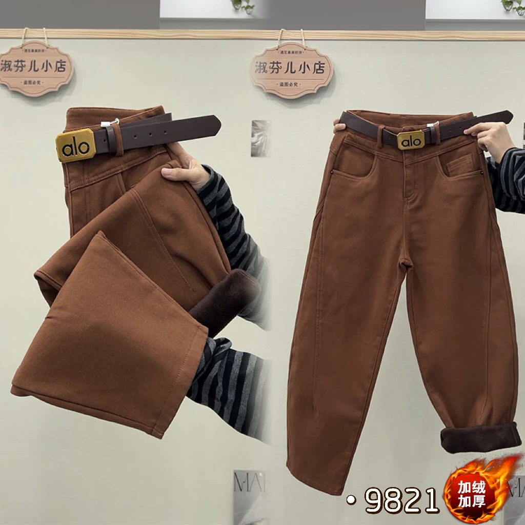 加绒加厚高品质牛仔裤女冬季大码休闲裤送同款腰带保暖九分裤9821