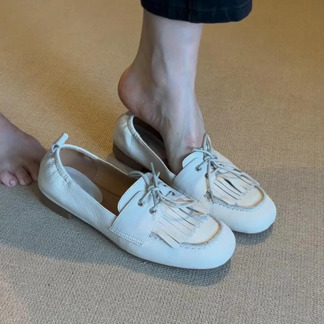 老钱风~英伦风平底乐福鞋女流苏真皮蝴蝶结浅口单鞋一脚蹬豆豆鞋