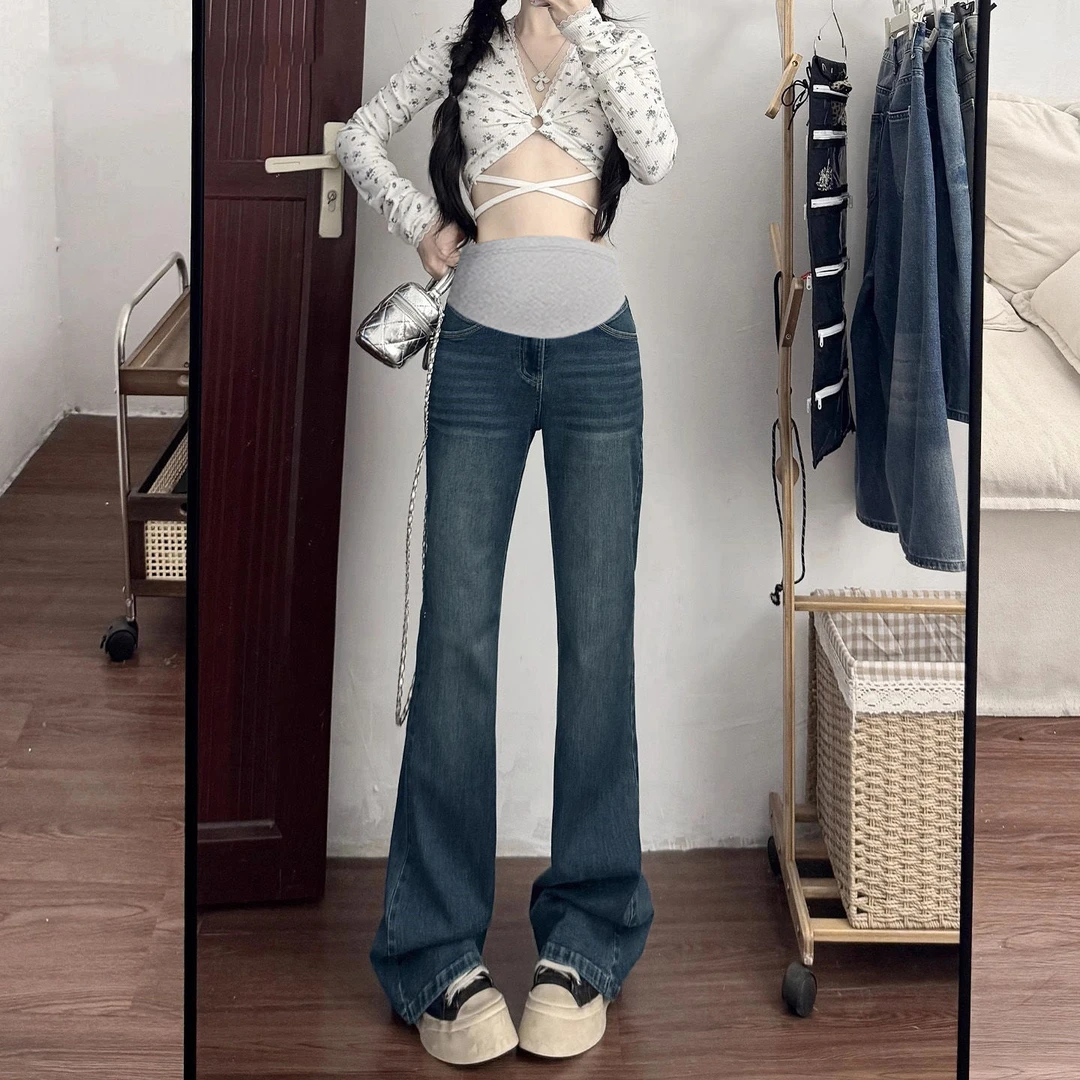 孕妇裤子秋季外穿2025新款微喇叭裤不勒肚子孕期打底牛仔裤春秋装