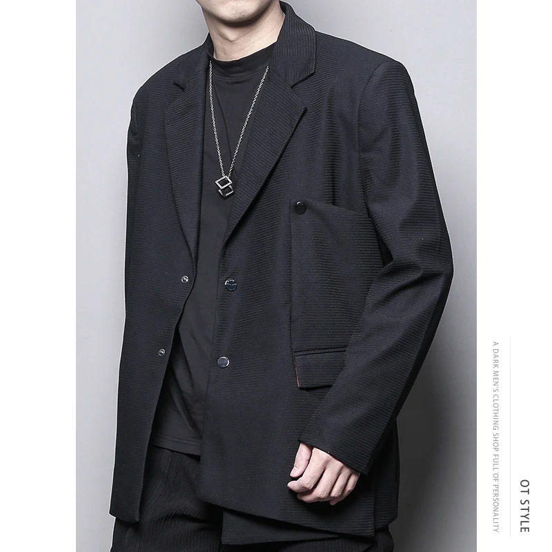 6048春秋季设计感不对称拼特殊面料简约休闲宽松西服男外套西装