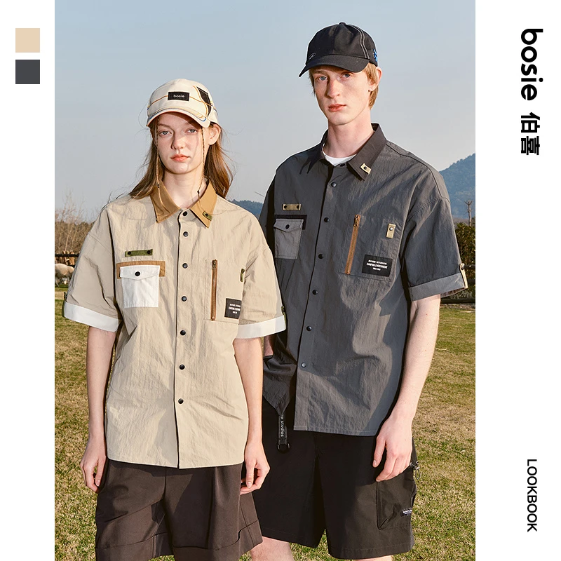 bosie2025年夏季新款山系户外风撞色工装短袖衬衫男情侣休闲外套