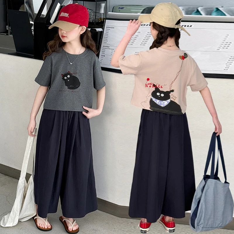 女童套装夏季黑猫短袖t恤裙裤2025新款中大童装短袖阔腿裤两件套