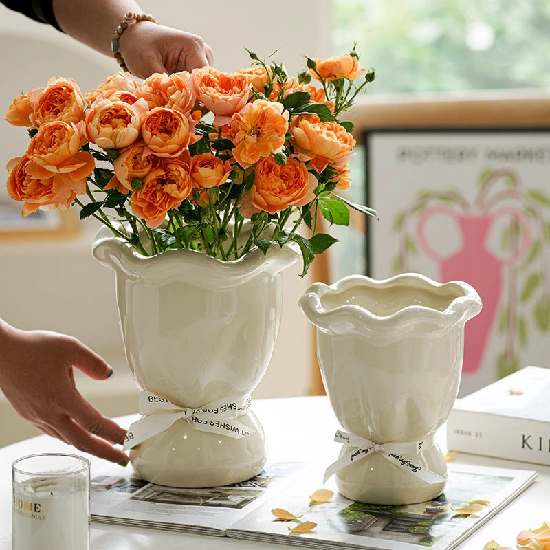 法式奶油风高级感轻奢陶瓷花瓶个性插花复古水培侘寂风客厅摆件gh