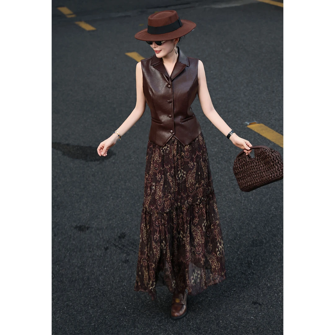 2025美拉德风时尚PU马甲碎花长裙套装复古浪漫度假风显瘦两件套女