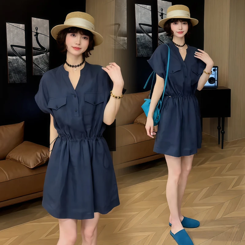 2025年夏季新款欧货洋气纯色短袖中长裙女高级感遮肉百搭连衣裙潮