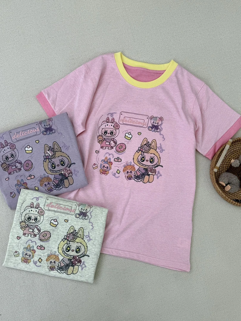 阿悄家 夏季新款 双色袖亮片拉布布短袖#5922