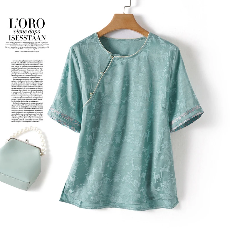 宋锦提花高档丝绸杭州真丝衬衫女t2025夏季新款桑蚕丝上衣T恤小衫