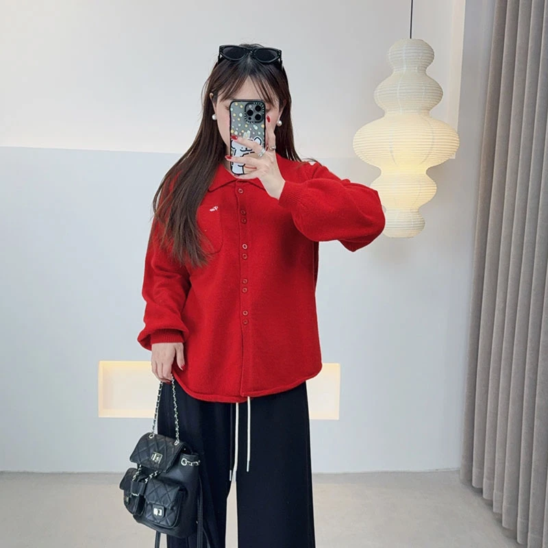 【大源美树】2025年冬季新款大码女装胖mmPOLO领毛衣针织开衫-F677