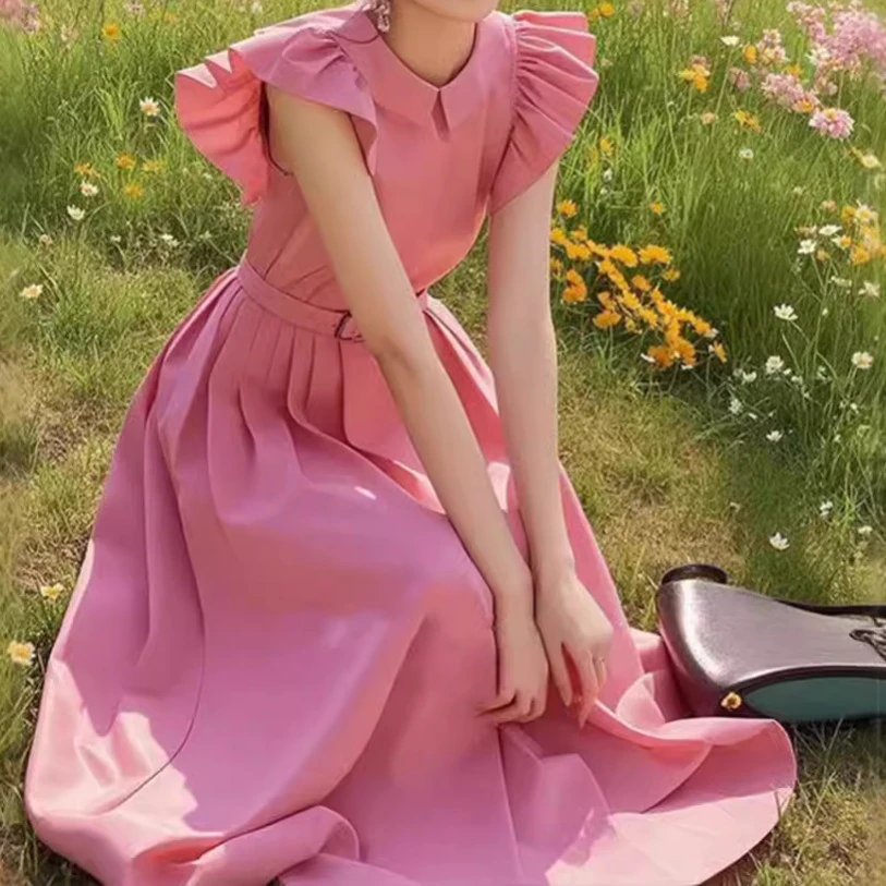 法式长裙女夏漂亮独特初恋气质收腰温柔绝美精致小飞袖粉色连衣裙