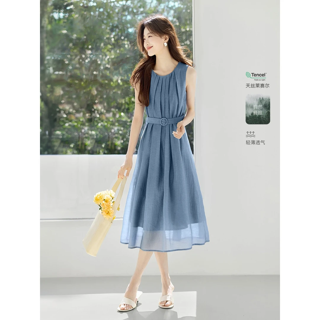 莱赛尔高级感气场系带收腰2025夏季新款缩褶女连衣裙夏新款