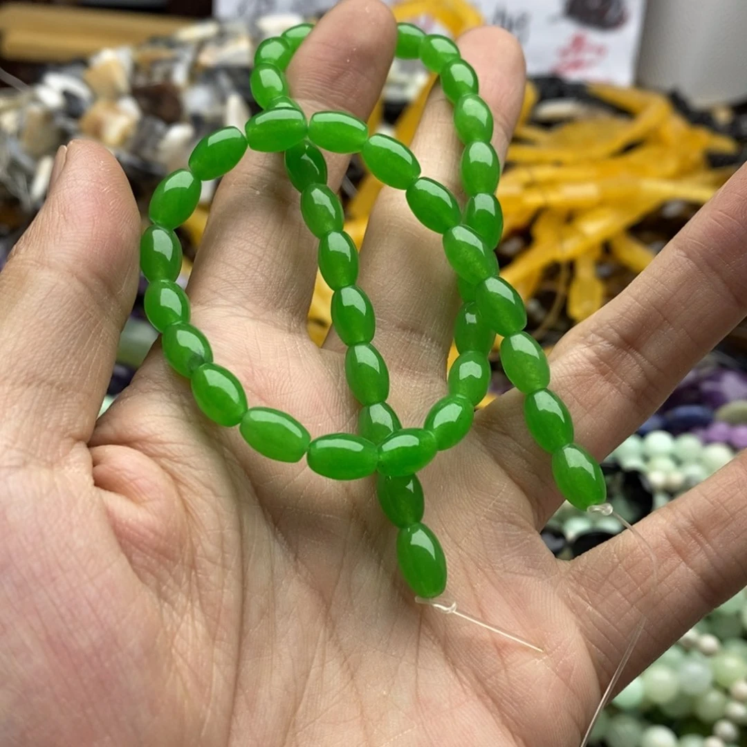 玛瑙/玉髓未镶嵌珠宝半成品一条6×9优化绿玉髓米珠F05