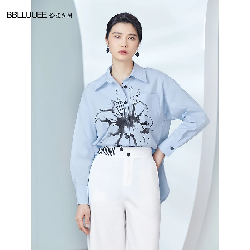 【晨粉专享价】BBLLUUEE/粉蓝衣橱东方印花时尚休闲衬衫夏装宽松衬