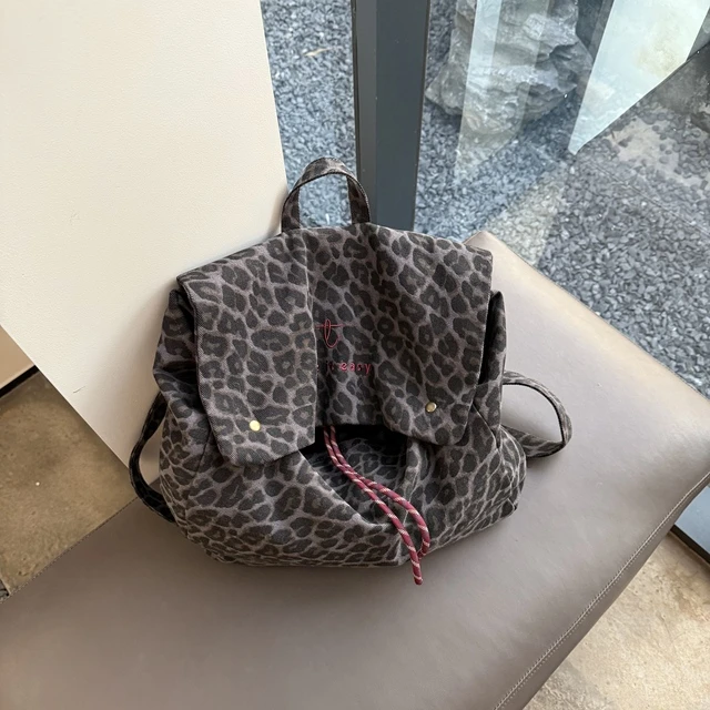 诺拉日记小众设计复古豹纹帆布背包大容量背包