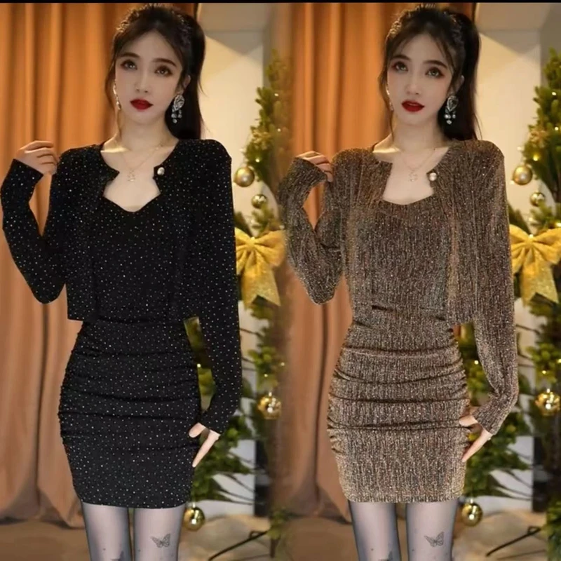 重工烫钻两件套吊带连衣裙开衫外套修身显瘦时尚透气显瘦套装气质