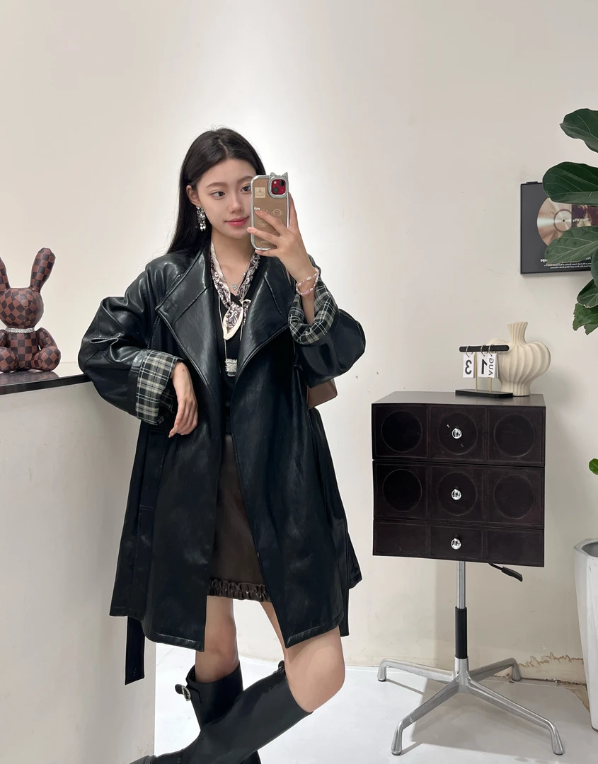 常规上衣标准长袖薄款秋冬连肩袖立领皮衣设计师女装5Q2706GYZ