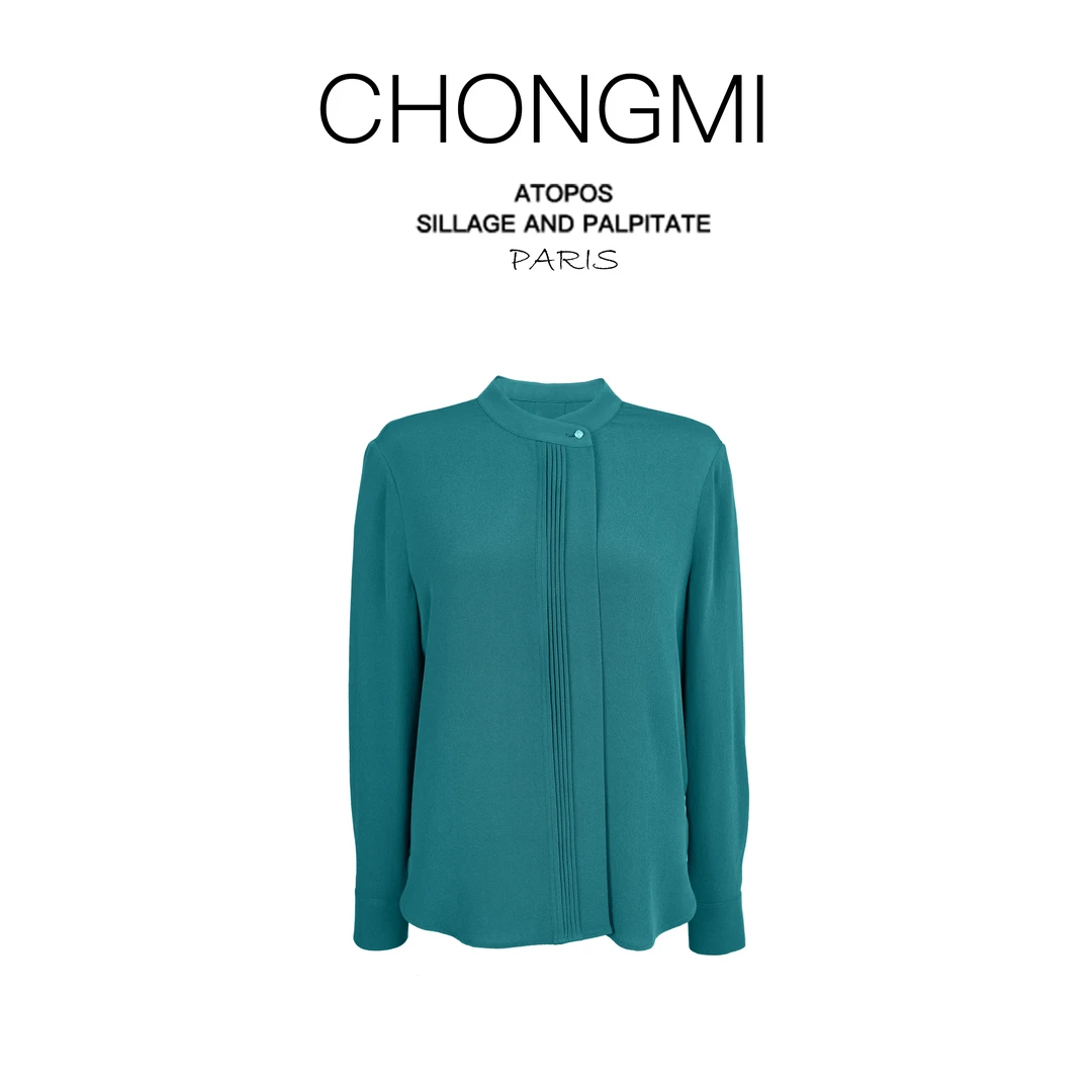 湖蓝色鬼绉桑蚕丝立领真丝衬衫女2026春季打条上衣女 S250919873