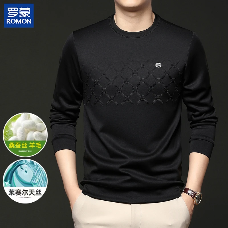 【含桑蚕丝+绵羊毛】Romon/罗蒙男士时尚莱赛尔上衣休闲百搭圆领装