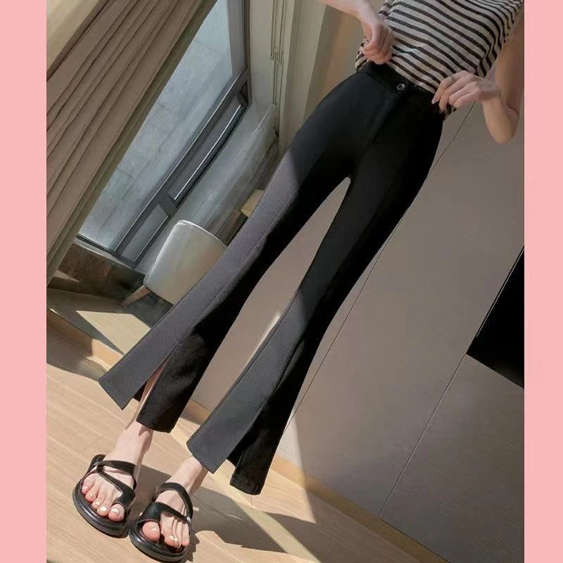 开叉九分微喇裤女松紧腰新款高腰弹力显瘦小个子阔腿裤薄款直筒裤