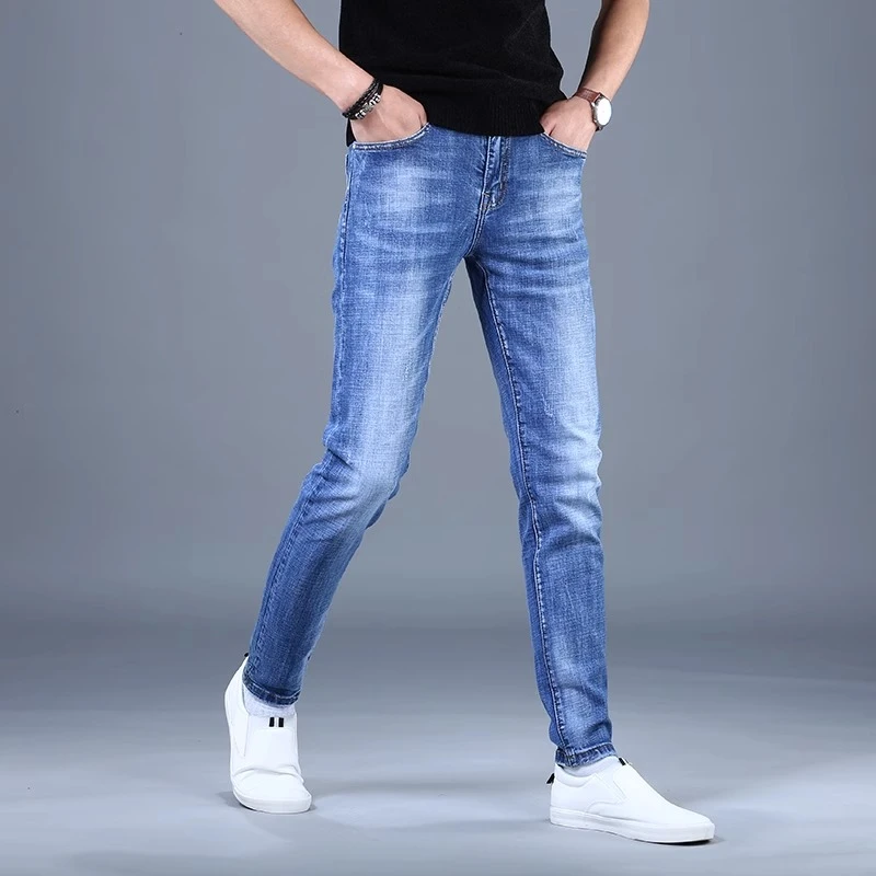 BOTEMER/比提米尔轻奢牛仔裤秋冬季蓝色修身小脚潮流弹力男士长裤