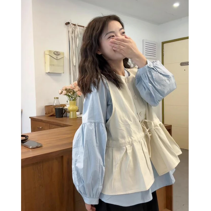 甜美风套装女减龄蝴蝶结系带圆领马甲衬衣叠穿长袖衬衫两件套女潮