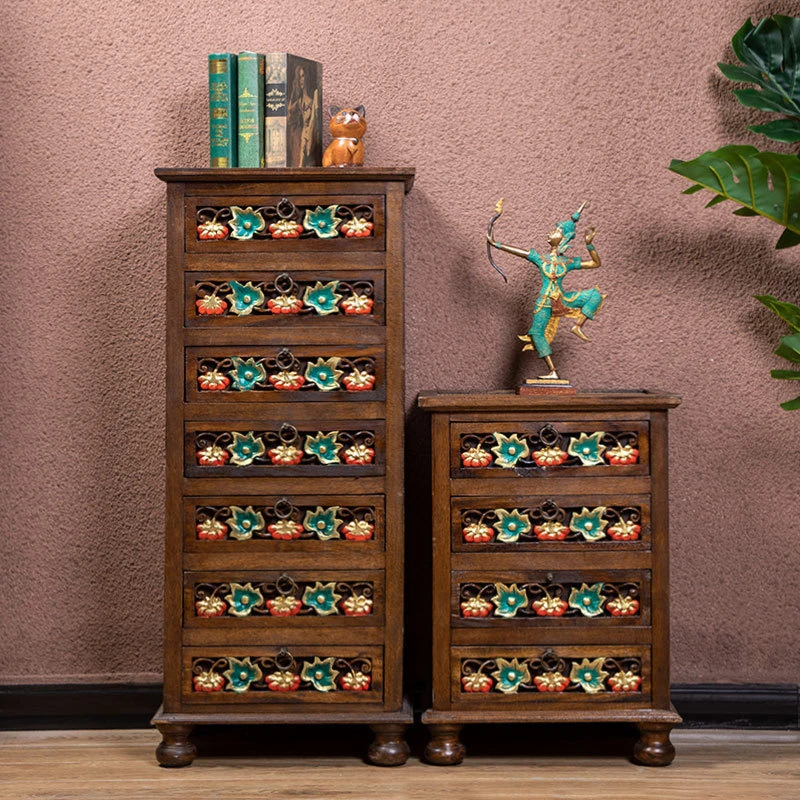 泰国实木卧室四五斗柜七斗橱东南亚风格客厅彩绘储物抽屉收纳柜子