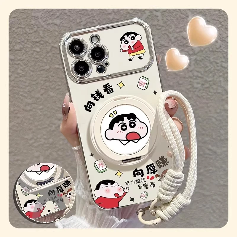 蜡笔小新适用iPhone16pm手机壳旋转支架苹果15电镀视窗秒变17新款