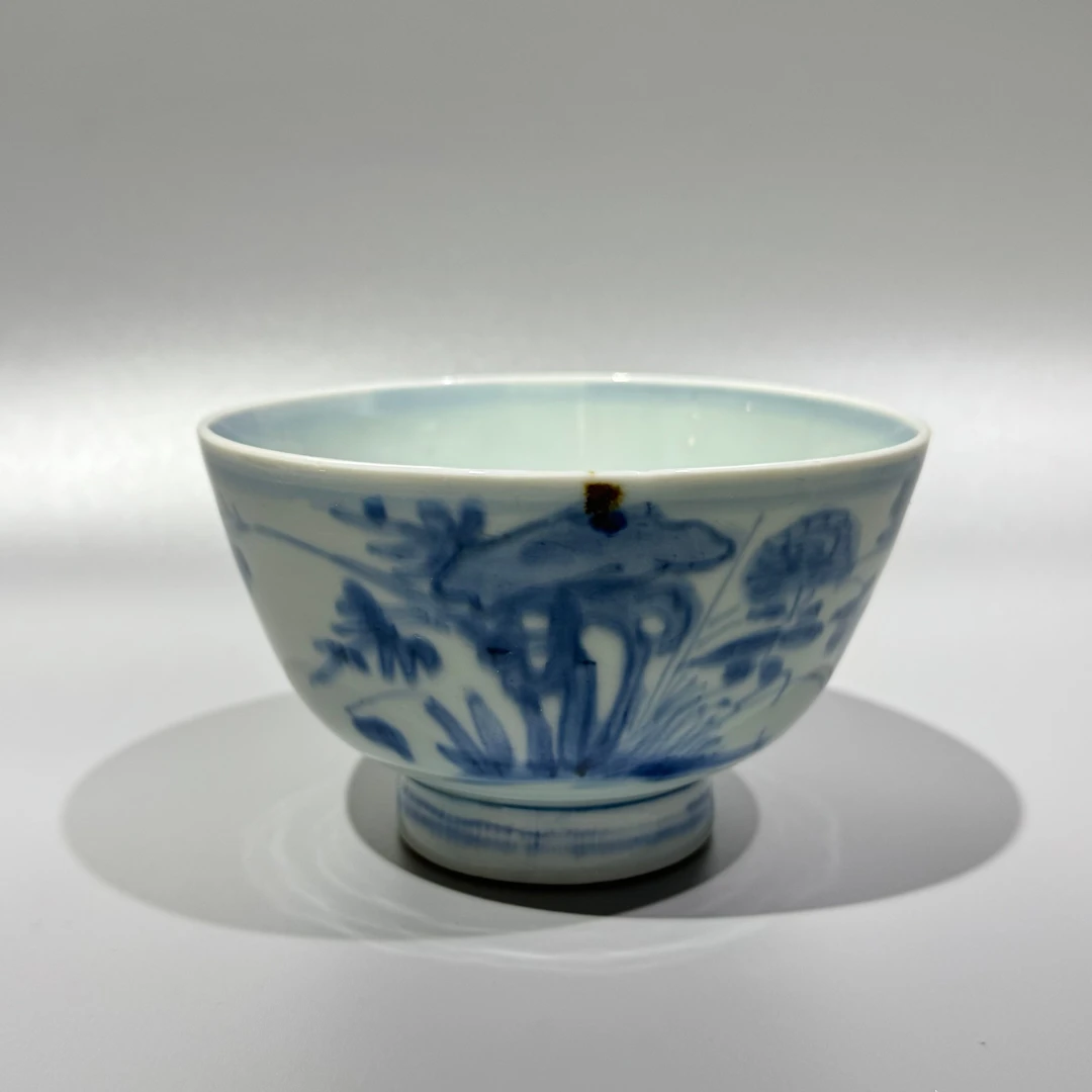 QW2-4清康熙·青花灵芝仙草花卉纹茶碗【古董拍卖】