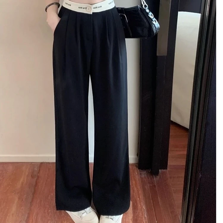 2025女夏ins直筒黑色字母腰高腰显瘦西装裤设计感垂感阔腿裤4372