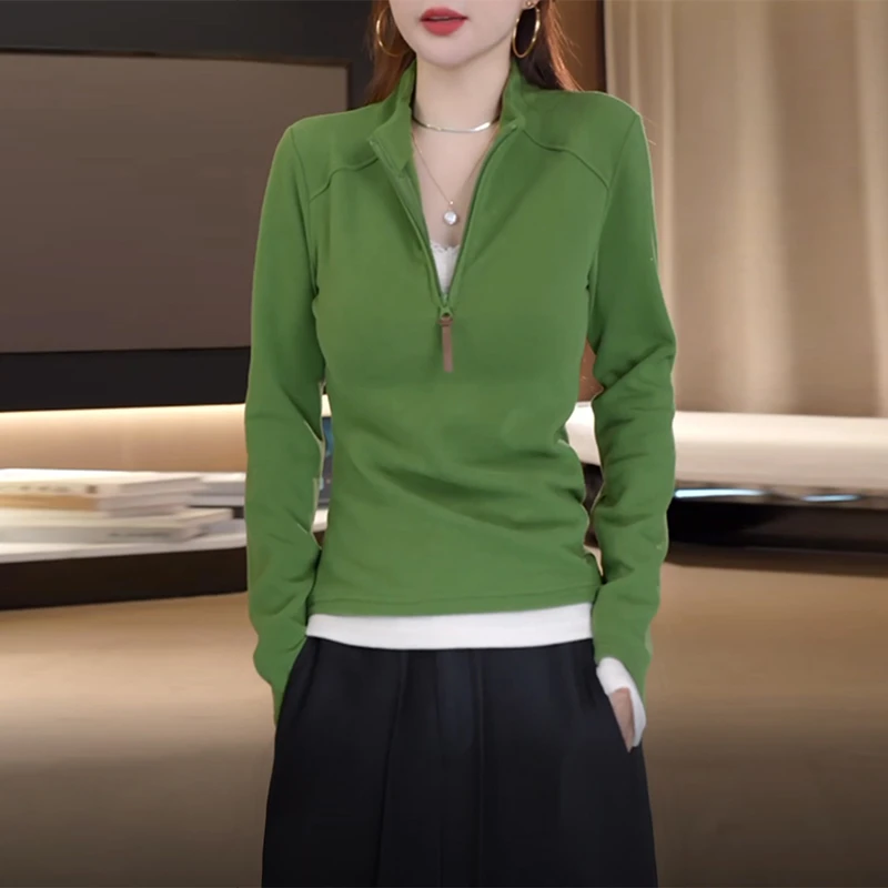 假两件绿色长袖t恤女秋冬2025新款半拉链上衣双面德绒打底衫内搭