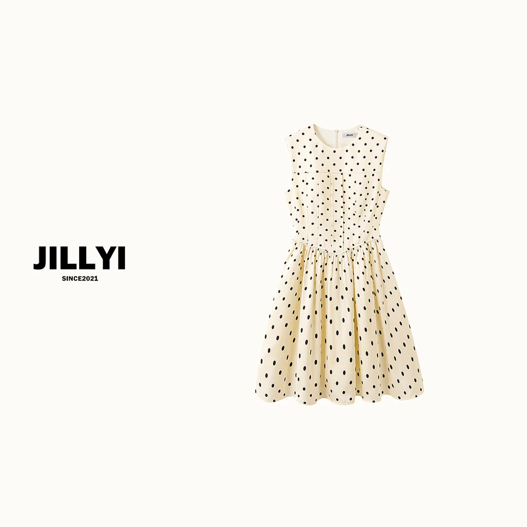 jillyi【复古赫本】杏色圆领黑色波点连衣裙春夏季时尚休闲百搭