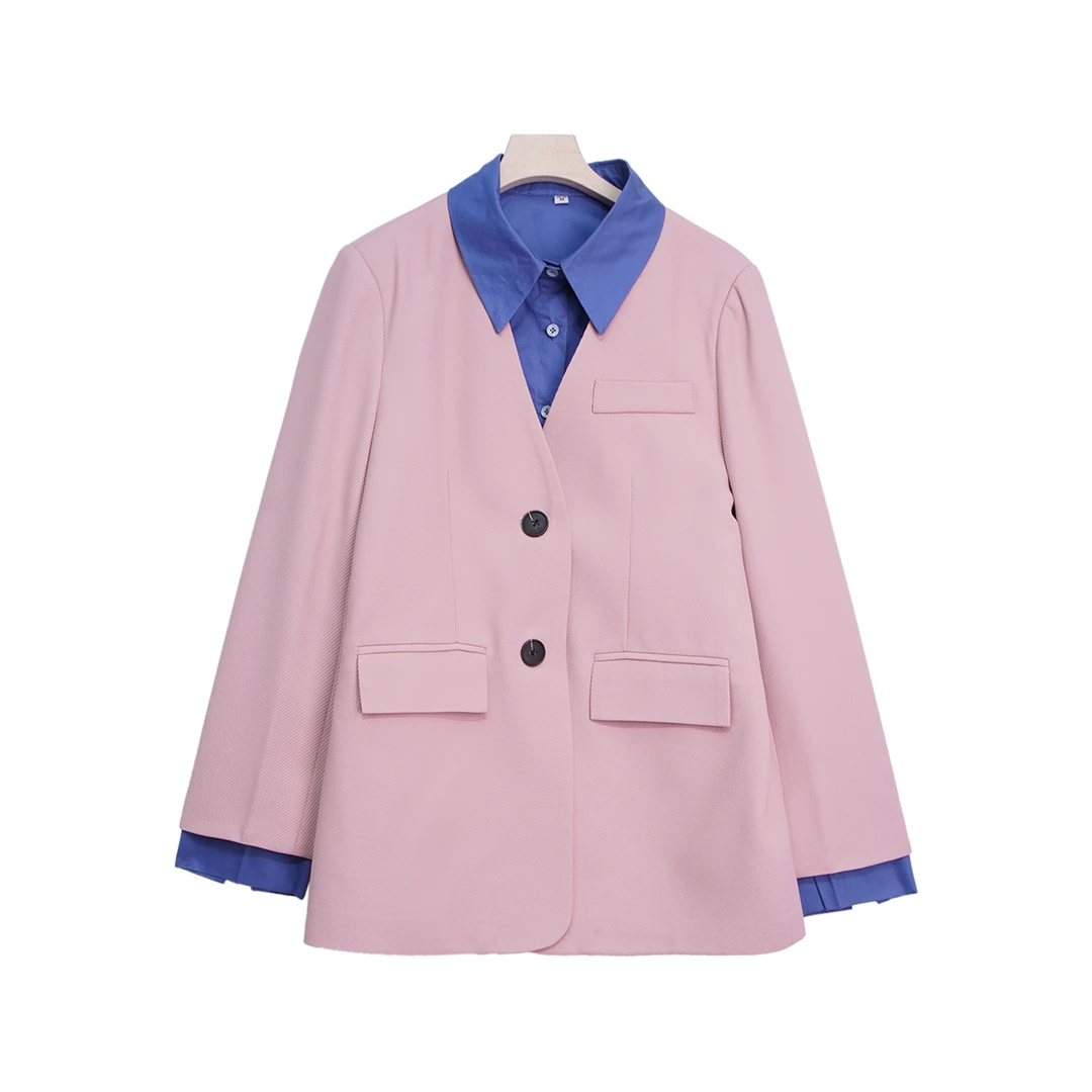 X2401 时尚潮流气质百搭休闲翻领粉色假两件套长袖女士西装外套