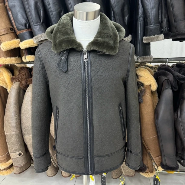 男士真皮皮毛一体羊皮羊毛戴帽墨绿色冬季特价夹克